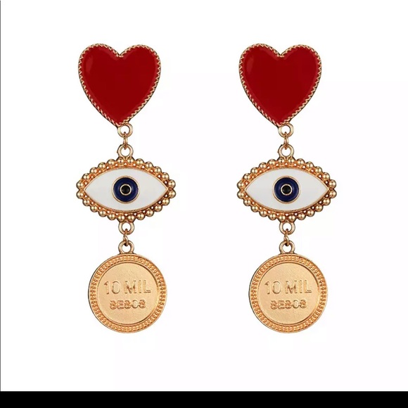 Heart + Evil Eye Pendant Earrings - Picture 2 of 3